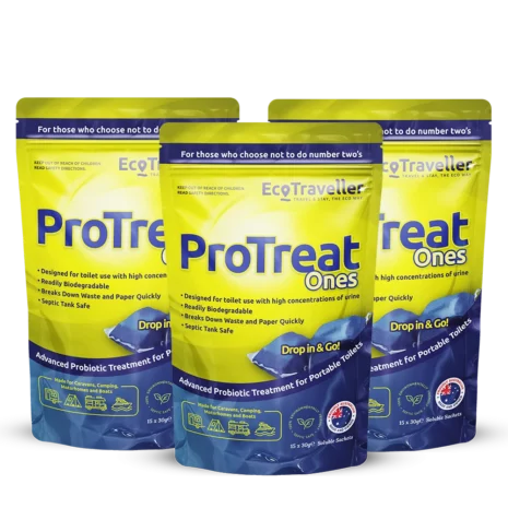 Three blue and yellow packages of EcoTraveller ProTreat ONES Refill (2 Pack), a probiotic treatment for portable toilets, displayed against a reflective surface.
