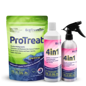 Three ecotraveller cleaning products, including a green sachet labeled "ProTreat" and two 4in1 cleaner spray bottles.