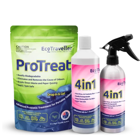Three ecotraveller cleaning products, including a green sachet labeled "ProTreat" and two 4in1 cleaner spray bottles.