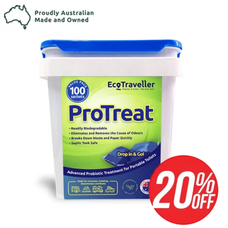 A container of EcoTraveller Protreat with on 100 sachets, an Australian-made biodegradable treatment for portable toilets, displaying a 20% off sticker.