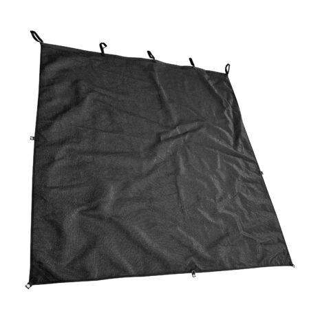 A Black Caravan privacy screen end wall/side sun shade with metal grommets set against a white background, appearing slightly wrinkled and flexible.
