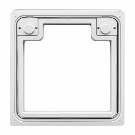 CRSG_20240119_112537222 A square, aluminum access panel with a reinforced frame and two visible locking mechanisms at the top corners, isolated on a white background. This is suitable as a White Caravan Access Service Door (PRE ORDER LISTING – DISPATCH DATE 1st MAY).