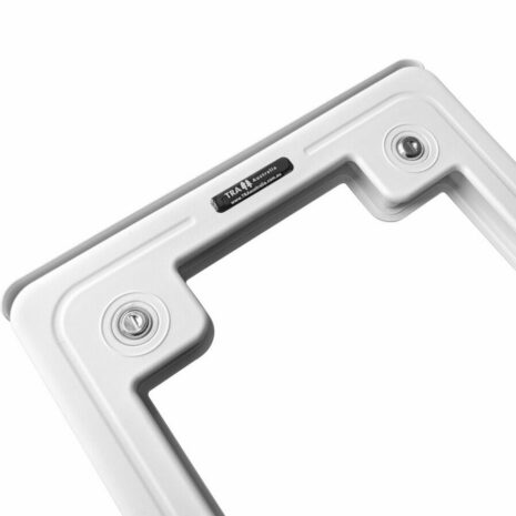 CRSG_20240119_112733262 Close-up view of a White Caravan Access Service Door with two visible screw holes and a central brand label reading "trail boss" on a gray caravan access service door.