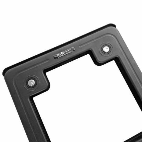 CRSG_20240119_115225375 Close-up of a Black Caravan Access Service Door (PRE ORDER LISTING – DISPATCH DATE 1st MAY) with the brand name "trail rated" engraved at the top, featuring visible screws at its corners, set against a white background, ideal for a Black Car