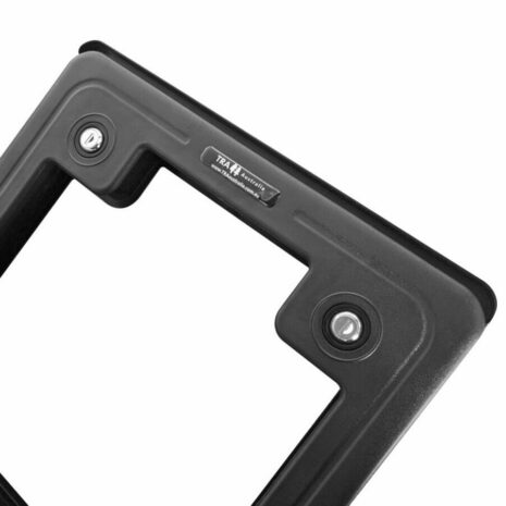 CRSG_20240119_115315393 Close-up of a black plastic handle with a "Black Caravan Access Service Door" logo and two visible screw heads, designed for grip and durability on a caravan access service door.