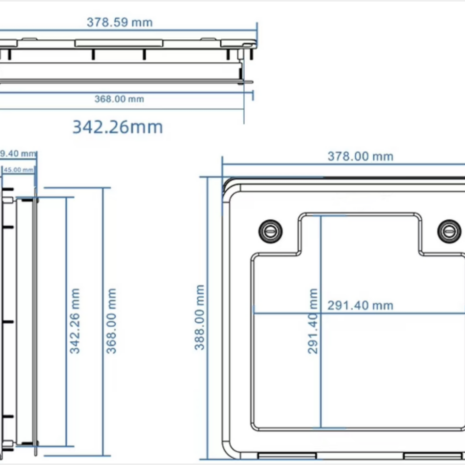 iShot_2024-04-10_09.34.17 Technical drawing of a Black Caravan Access Service Door with dimension annotations illustrating the top view, side view, and bottom view. Each view details measurements in millimeters.