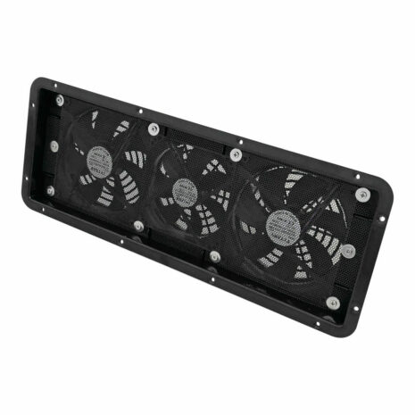 Black 480mm Caravan Fridge Vent – Triple Fans Rear view of Black 480mm caravan fridge vent with triple fans