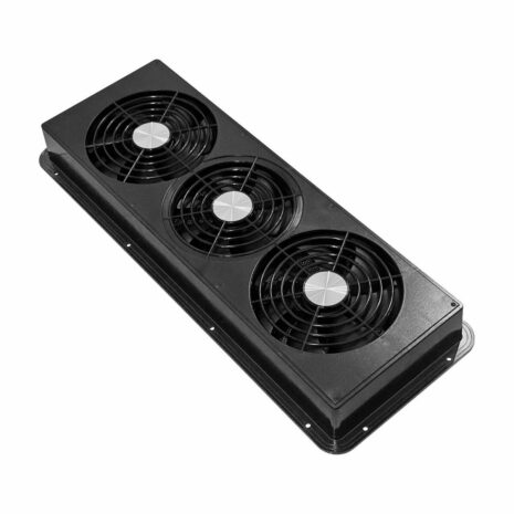 Black 480mm Caravan Fridge Vent – Three Fan Assembly Black 480mm caravan fridge vent showing three 12V cooling fans