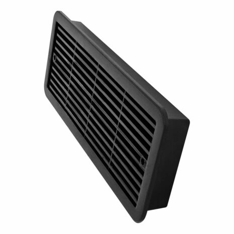 Black 480mm Caravan Fridge Vent – Angled View Angled view of Black 480mm caravan fridge vent