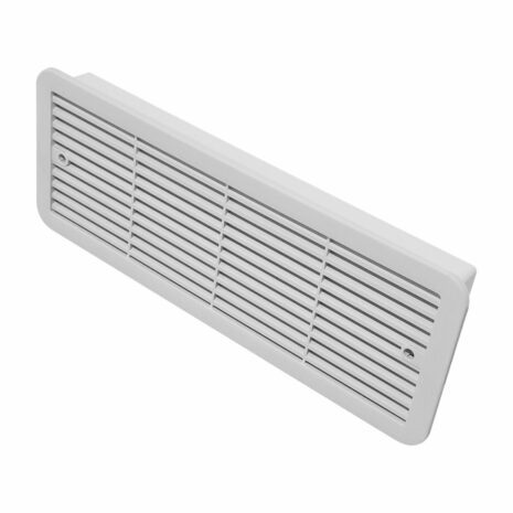 White 480mm Caravan Fridge Vent – Angled View Angled view of White 480mm caravan fridge vent
