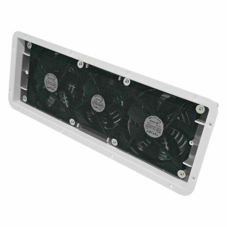 White 480mm Caravan Fridge Vent – Triple Fans Rear view of White 480mm caravan fridge vent with triple fans