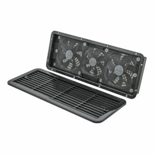 Black 480mm 12V caravan fridge vent with three cooling fans