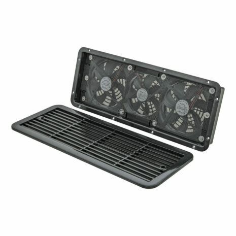 Black 480mm 12V Caravan Fridge Vent Black 480mm 12V caravan fridge vent with three cooling fans