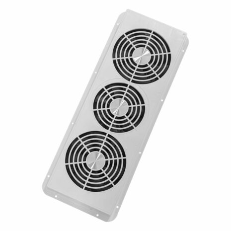 White 480mm Caravan Fridge Vent – Three Fan Assembly White 480mm caravan fridge vent showing three 12V cooling fans